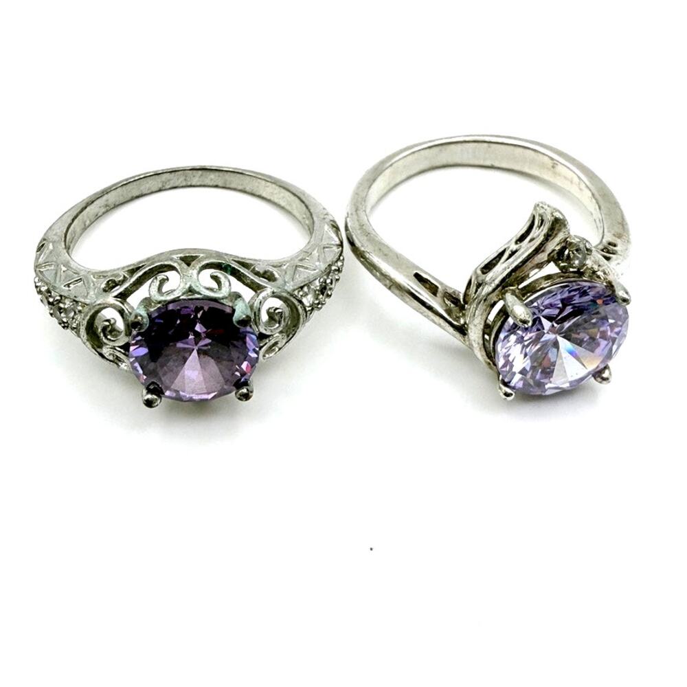Set 2 Vintage Amethyst CZ Filigree Victorian Revival Silver Tone Rings Size 6.75